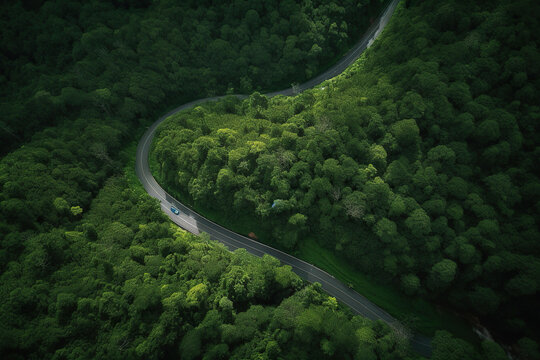 Aerial view of a winding road in the forest with trees. Generative AI
