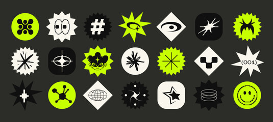 Retro y2k futuristic design elements. collection of abstract graphic geometric symbols and objects in the year 2000 style. Templates for notes, posters, banners, stickers, business cards, logo