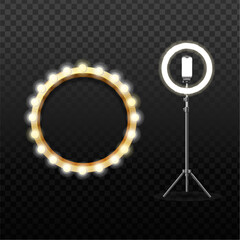 Realistic Detailed 3d Led Ring Lamp and Circle Mirror Set on a Transparent Background. Vector illustration - 586202840