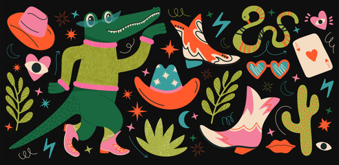 Stickers hippie retro crocodile 90s, elements of psychedelic acid. retro characters.Cowboy theme, hats,cossacks,boots,snake,desert vintage set of vector elements in cartoon groovy style
