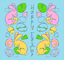 Festive symmetrical background for Easter. Illustration with rabbits and colored eggs on a blue background. Spring holiday with a hare and a decorated egg. Vector illustration in flat style.