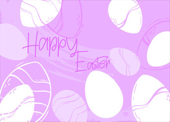 Spring lilac background with eggs for the Easter holiday. Decorated eggs with patterns for the spring holiday. Linear illustration for conceptual design. Background for a greeting card.
