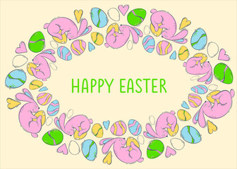 Greeting card mockup with decorative frame with easter bunnies and colored eggs on yellow background. Spring holiday with a hare and a decorated egg. Vector illustration in flat style.