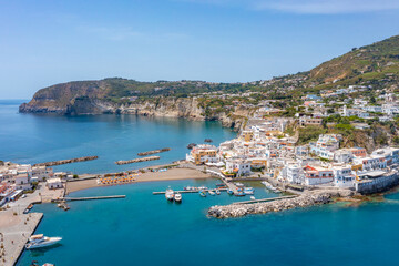 Aerial view of boats mooring at Sant'Angelo town at Ischia island, Italy