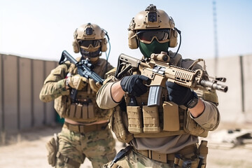 Fototapeta premium special forces soldiers in action in a theater of war. Generative AI