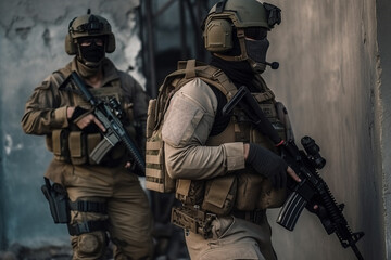 Fototapeta premium special forces soldiers in action in a theater of war. Generative AI