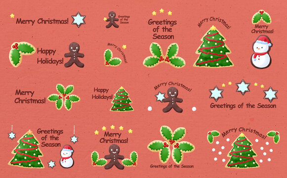 クリスマス☆イラスト素材 クリスマスのアイシングクッキーセット レッド背景 色違い・差分有