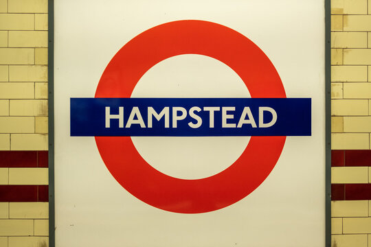 London Hampstead Underground logo on platform, Northern Line tube station
