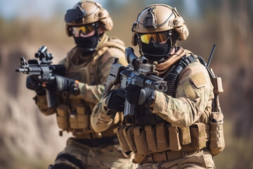 Fototapeta premium special forces soldiers in action in a theater of war. Generative AI