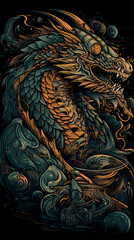 Dragon illustration, detailed t-shirt design. Generative ai