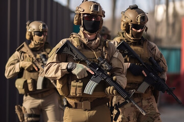 Fototapeta premium special forces soldiers in action in a theater of war. Generative AI