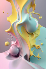 Fototapeta premium Abstract background. Splashes of paint, pastel colors, yellow, pink and blue. Vertical background. AI generative.