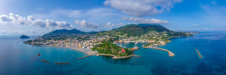 Aerial view of Porto d'Ischia town at Ischia island, Italy