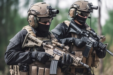 Fototapeta premium special forces soldiers in action in a theater of war. Generative AI