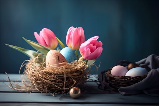 Easter Basket Filled With Eggs And Flowers