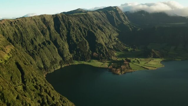 Aerial view of sete citades lake in Azores Sao Miguel island