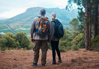 Mountains, retirement and hiking, old couple holding hands from back on nature walk and mountain in...