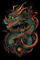 Dragon illustration, detailed t-shirt design. Generative ai