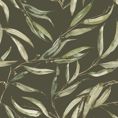 Watercolor Eucalyptus branches seamless pattern. Digital painted print on dark background.
