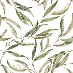 Watercolor Eucalyptus branches seamless pattern. Digital painted trendy print.