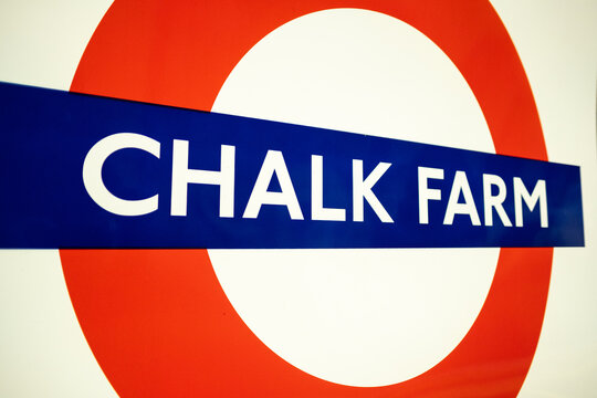 London- Chalk Farm Underground logo on platform, Northern Line tube station