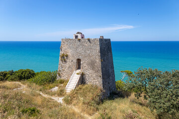 Fototapeta na wymiar Monte Pucci tower near Peschici, fishing tourist village in the province of Foggia, Apulia, Italy