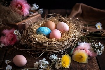 Fototapeta na wymiar Easter eggs in a nest, colorful