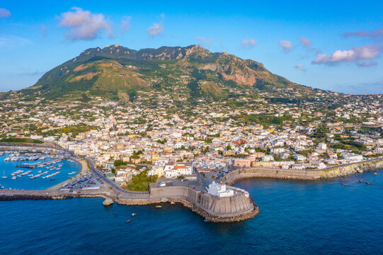Monte Epomeo over Italian city Forio at Ischia island