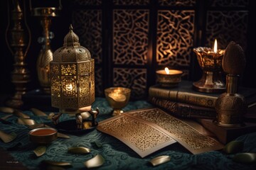Fototapeta premium Exquisite Ramadan Kareem Card image with Intricate Gold Detailing and Warm Golden Hues