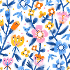 Fototapeta na wymiar Spring inky bloom garden seamless pattern