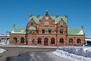 Umea, Sweden - March 2023: View of the Umea central station building on a sunny clear winter day.