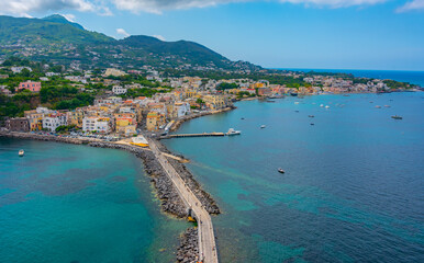 Seaside view of Porto d'Ischia town from the Aragonese castle at Ischia island, Italy