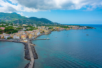 Seaside view of Porto d'Ischia town from the Aragonese castle at Ischia island, Italy