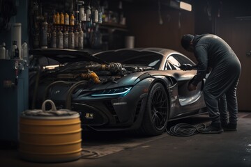 Obraz na płótnie Canvas Black Supercar in car service. Car repair in garage. Car changing oil in car repair center.