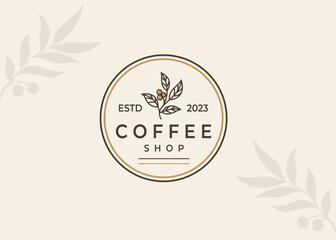Fototapeta na wymiar coffee bean plant branch hipster minimal logo vector with leaf simple line outline icon for natural cafe concept.