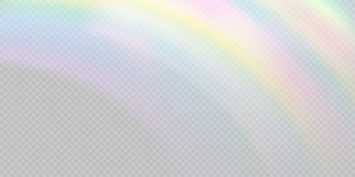 Rainbow light prism effect, transparent background. Hologram reflection, crystal flare leak shadow overlay. Vector illustration of abstract blurred iridescent light backdrop.