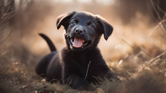 Happy black puppy in nature. Generative AI