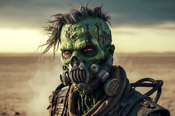 Scary mutant in gas mask for chemical protection, apocalyptic smoke in desert background. Futuristic post apocalypse monster soldier, alien face portrait. Nuclear pollution, environmental disaster