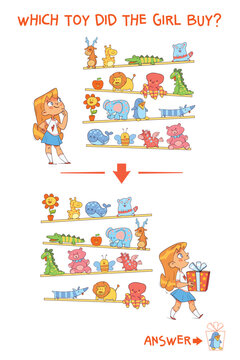 Find the differences puzzle game. Which toy did the girl buy. Find hidden objects in the picture. Puzzle Hidden Items. Educational game for children. Colorful cartoon characters. Funny illustration