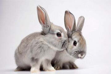 Obraz premium A professionally captured studio photograph of two adorable rabbits sitting together against a crisp white background, showcasing their charm and innocence in perfect lighting.