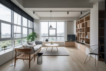 A stunning photograph of a Scandinavian design flat featuring floor-to-ceiling windows in a corner unit, showcasing the perfect balance of minimalist elegance and natural light, creating a serene and 