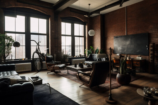 A stylish photograph of a contemporary New York loft featuring exposed brick walls, showcasing the perfect blend of urban charm and modern design elements, creating a sophisticated yet cozy living spa
