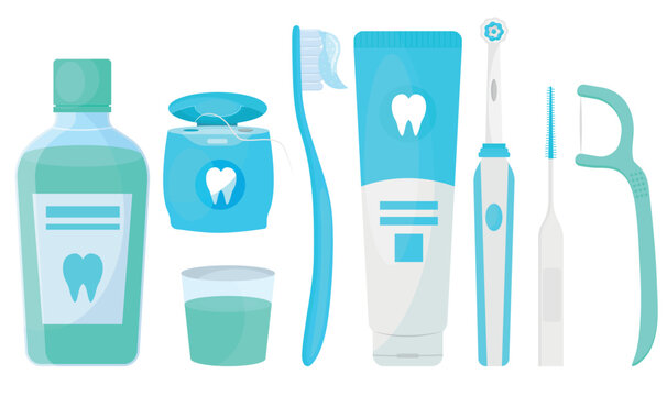 Vector image of dental hygiene tools. Hygiene items and baths. The concept of cleanliness and self-care. Beautiful elements for your design.