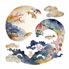 Japanese Art background and wallpaper in watercolor Illustration. AI Generative 
