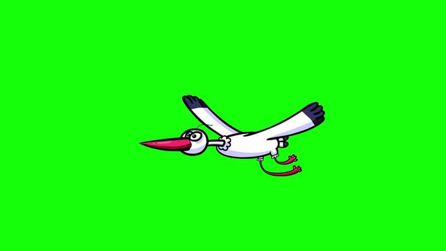 Cartoon stork flying on green screen background animation. Big bird good for any film material. Greenbox chroma key keyable, seamless loop.
