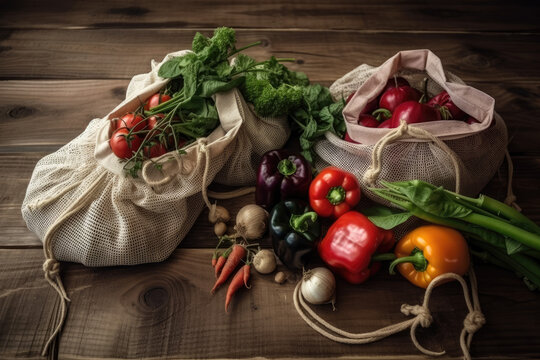 Variety of vegetables in eco bags on wooden table. AI Generated. 