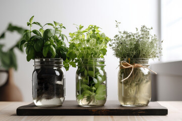 Various herbs are grown in reusable glass jars. AI Generated.