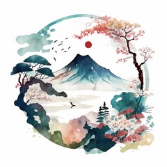 Japanese Art background and wallpaper in watercolor Illustration. AI Generative 