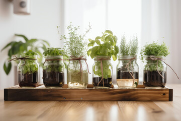 Various herbs are grown in reusable glass jars. AI Generated. - obrazy, fototapety, plakaty