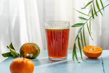 Chinotto refreshing citrus drink with fruits, palm branch on blue wooden table with white curtains as background